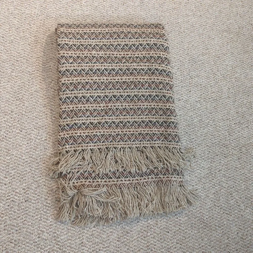 Vintage Pendleton 100% Virgin Wool USA Throw Blanket Fringe Wool Earth Tone